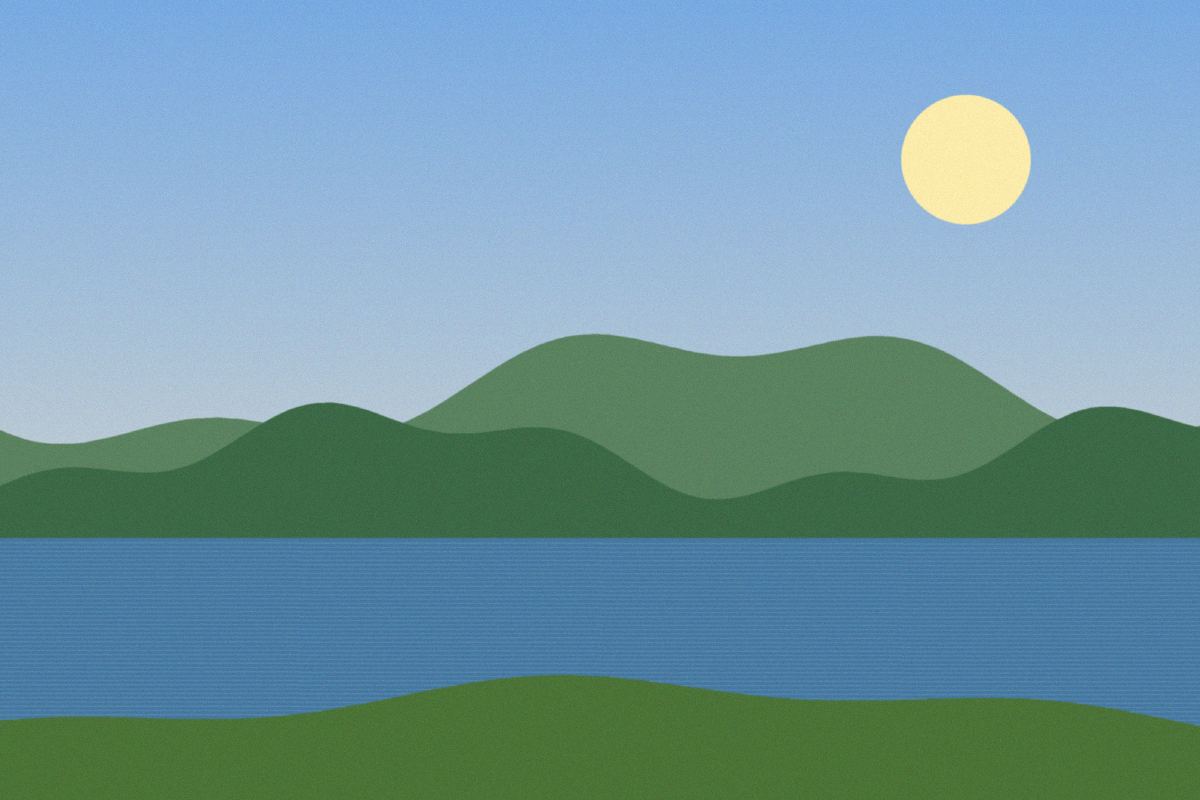 Gezeichneter See zwischen grünen Hügeln, darüber die Sonne